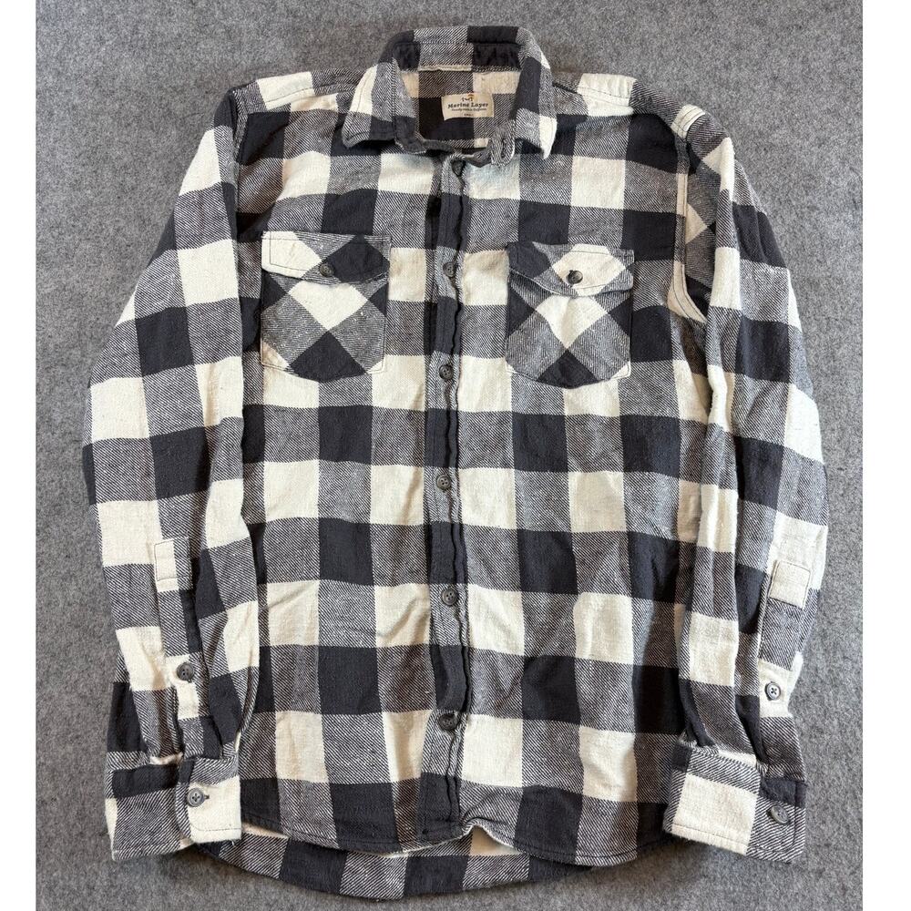 Marine Layer Button Up Shirt Men Black White Buffalo Plaid Flannel Western Small